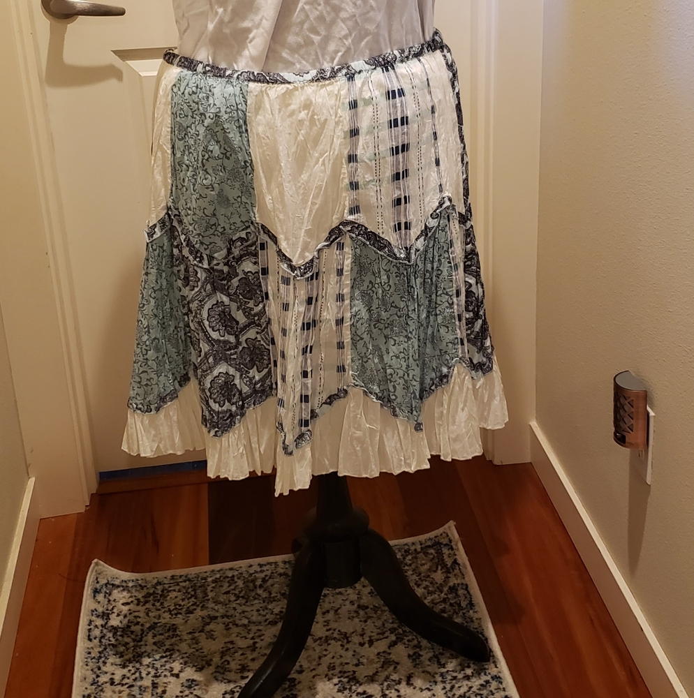Phool Womens White and Blue Patchwork Skirt